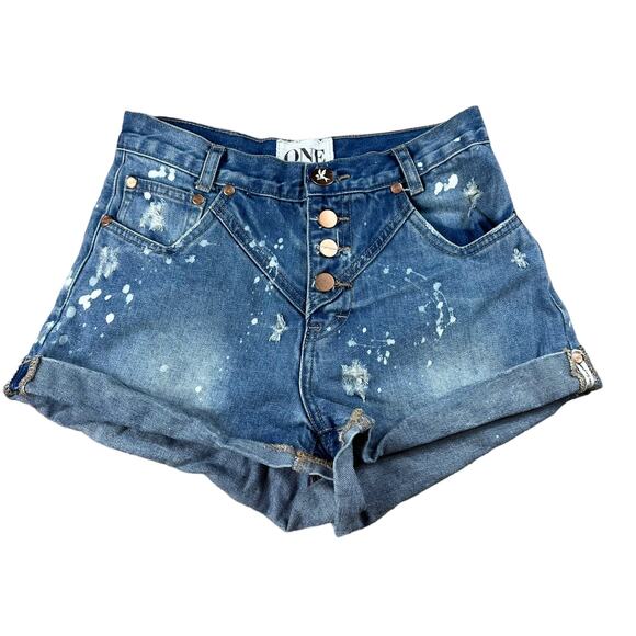 ONE TEASPOON Hawks Shorts Distressed Splatter Denim Size 26 Button Fly Blue - Picture 1 of 7